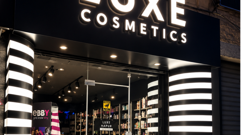 luxe cosmetics nighttime storefront