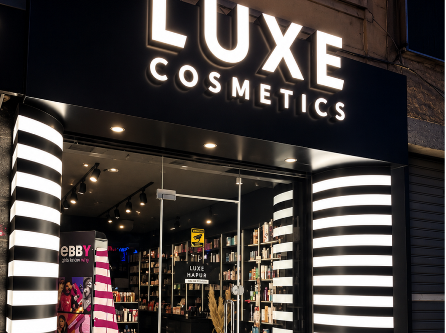 luxe cosmetics nighttime storefront