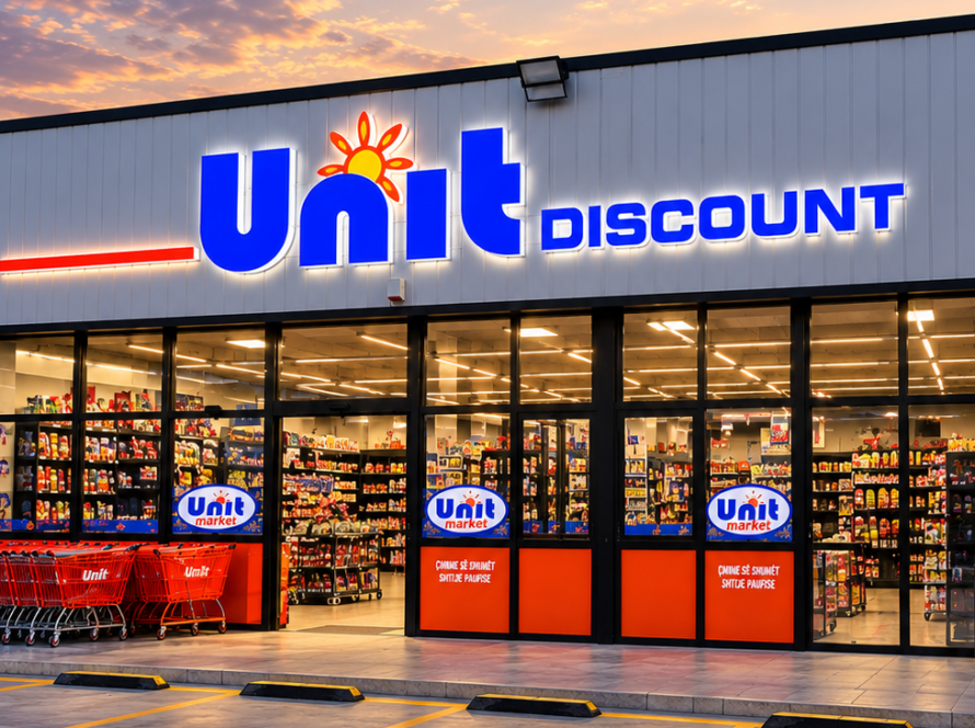unit discount supermarket at sunset