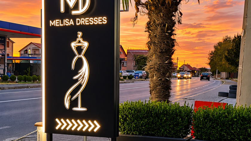 illuminated melisa dresses sign at sunset