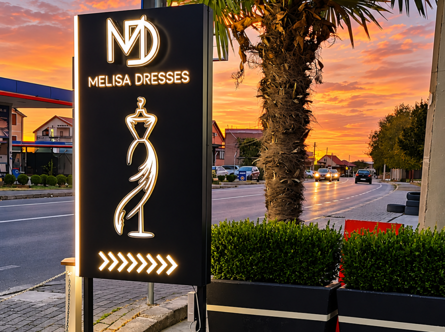illuminated melisa dresses sign at sunset